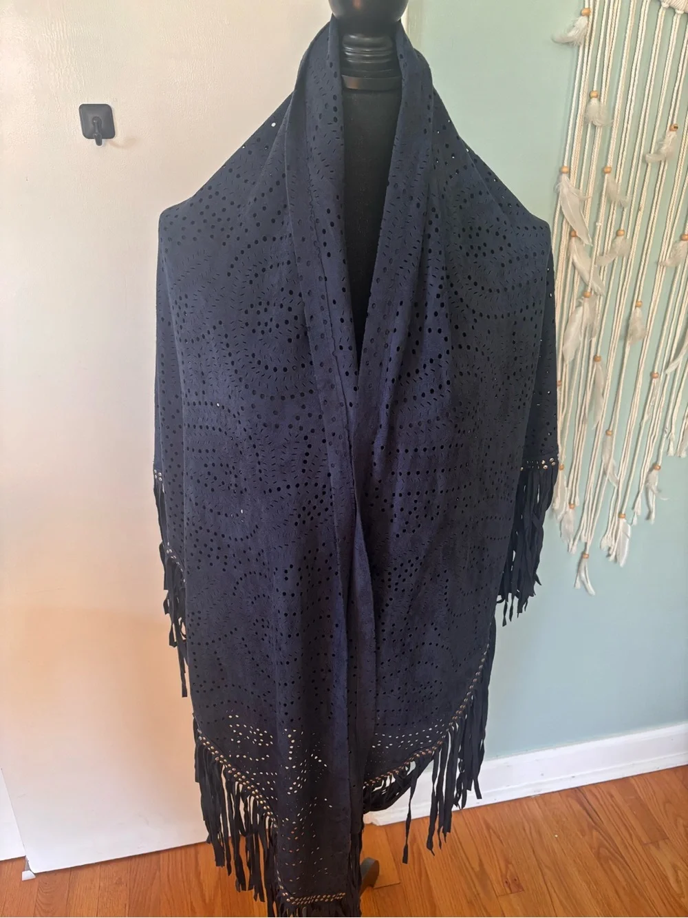 Fair Chilf Navy Blue Eyelet Fringe Shawl Wrap -